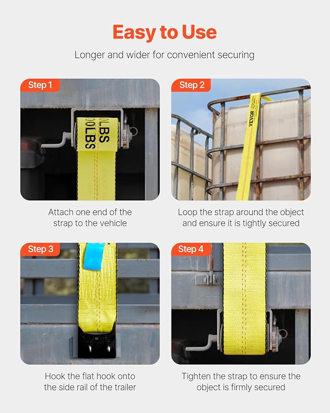 VEVOR Truck Straps, 4" x30' Heavy Duty Tie Down w/Flat Hooks 18,000lbs Break Strength, WLL# 6000lbs, Cargo Straps tie Down for Flatbeds, Trucks, Trailers, Farms, Rescues, Tree Saver, Yellow(10 Pack)