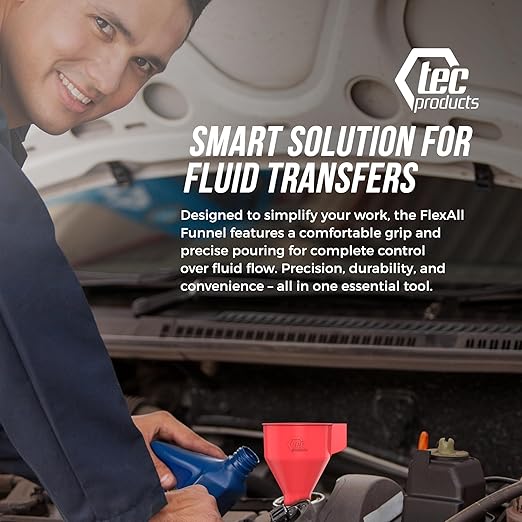 TEC Products FlexAll Anti-Kink Funnel - Long Flexible Funnel with Hose for Automotive Use - Durable Nitrile Rubber - Car Oil Change, Transmission Fluid, Diesel, Gas - Made in USA (9 x 3.95 Inches)