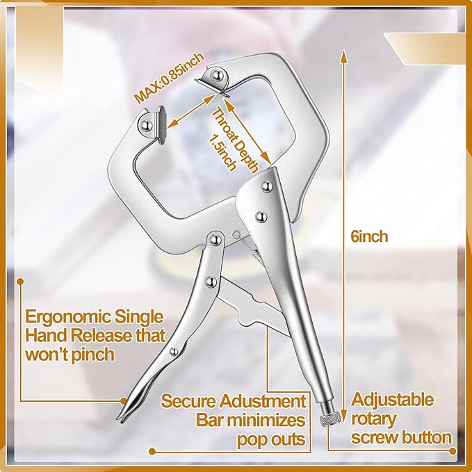 Yexiya 10 Pcs Locking C Clamp, Locking Pliers Adjustable Welding Clamp with Regular Tip and Swivel Pad for Shop Home Farm and Auto Workshop Woodworking, Cabinetry, Repair (6 Inch)