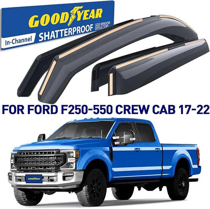 Goodyear Shatterproof in-Channel Window Deflectors for Ford F250 to F550 Super Duty 2017-2022 Crew Cab, Rain Guards, Window Visors for Cars, Vent Deflector, Car Accessories, 4 pcs - GY007733