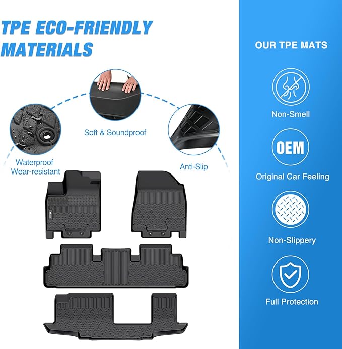 Nilight TPE Floor Mats for Nissan Pathfinder 8 Seater 2022-2025 / Infiniti QX60 7 Seater 2022 2023 2024 2025 All Weather Custom Fit Heavy Duty Floor Liners