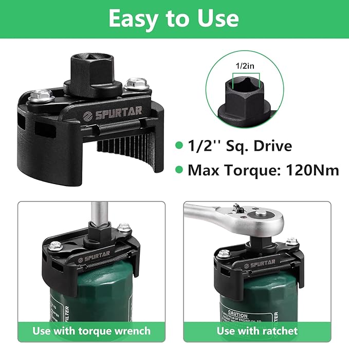 Spurtar Adjustable Oil Filter Wrench 2-3/8 to 3-1/8 inch 60-80mm Universal Oil Filter Removal Tool 1/2'' Drive Two-Way Cap Oil Filter Tool for Engine Filters, Conduit, & Fittings