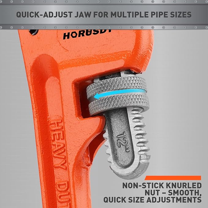 HORUSDY 12-Inch Heavy Duty Straight Pipe Wrench, Quick-Adjust Sturdy Plumbers Wrench with Soft Grip Handle, Straight Jaw Plumbing Tool for Pipe, Household Use, Vehicle Repair