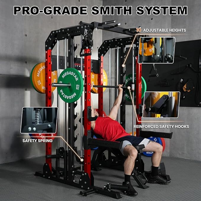 Smith Machine for Home Gym - 2000lbs Capacity All-in-One Power Rack with Cable Crossover, Pull-Up Bar & Dip Station, Includes 18 Attachments, P107 Anvil