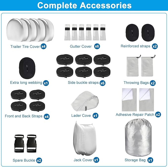 Mofeez Oxford Fabric Travel Trailer RV Cover, Camper Cover with 420D Oxford for The Top, 16'-18' Tearproof Waterproof Windproof Travel Trailer Cover with 4 Tire Covers, Jack Cover and Zippered Doors