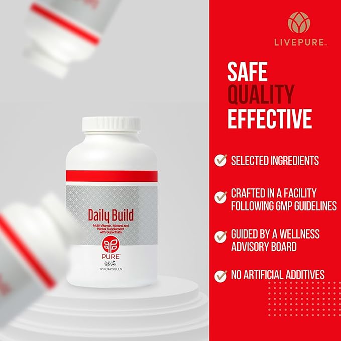 PURE Daily Build | 120 Capsules | Advanced Multivitamin Supplement | Enhanced with Essential Vitamins, Minerals, and Superfruits for Immune Support | Heart Health, Bone Strength, Brain Functionality