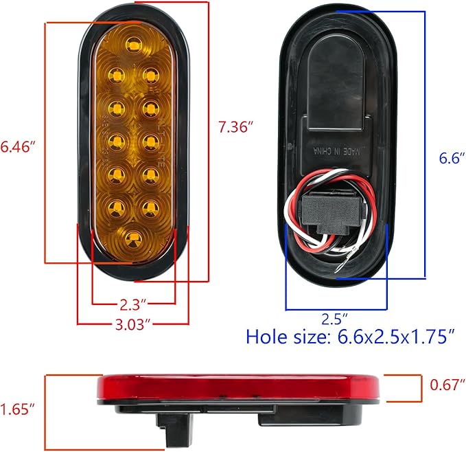 2Pcs 6" Oval LED Red Tail Trailer Light 12LEDs, IP65 Waterproof, Stop Brake Turn Signal Reverse marker, Surface Mount, For Bus Lorry Camper Boat Bus Truck RV Pickup Golf Cart Motorcycle