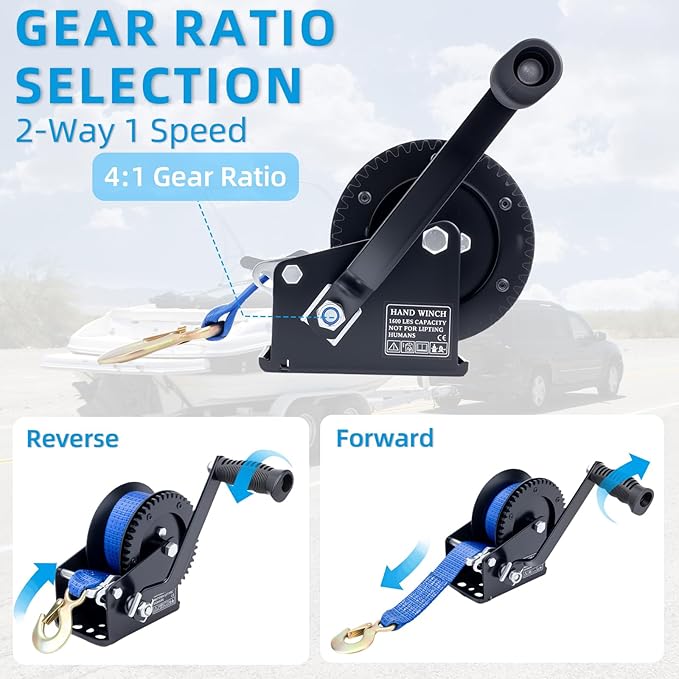 1600LBS Heavy Duty Boat Trailer Winch with 19FT Strap, 2-Way Ratchet, 4:1 Gear Trailer Winch, Portable Hand Crank for Boat, Truck, Trailer, RV, ATV, Jet Ski