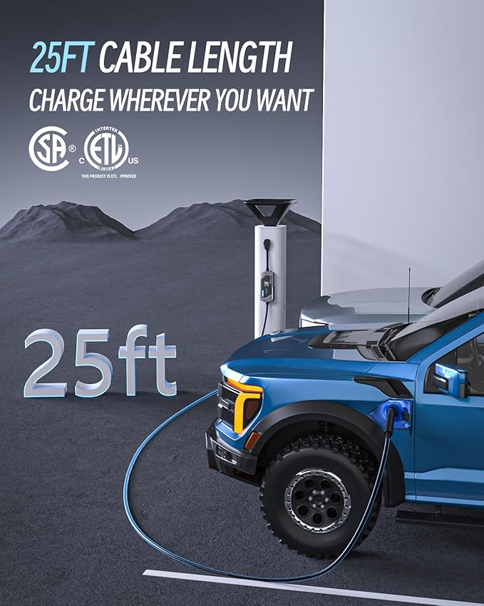 Level 1/2 EV Charger for SAE J1772, 32A 110-240V Portable EV Charger with NEMA 14-50/NEMA 5-15 Plug, 25ft Cable ETL Listed Electric Vehicle Charger for J1772 Electric Cars