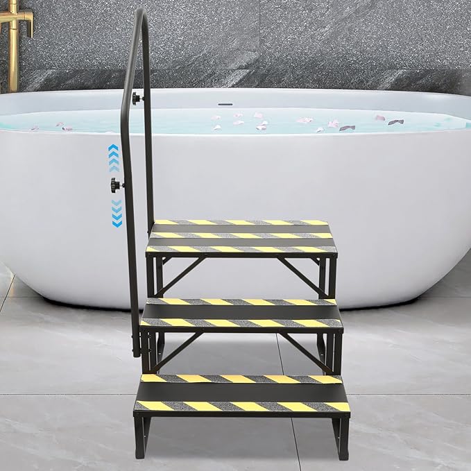 Hot Tub Steps with Single Sided Handrail, Premium RV Steps with Reflective Strips & Mounting Holes On Both Sides, 3 Step RV Stairs for RV, Camper, or Travel Trailer
