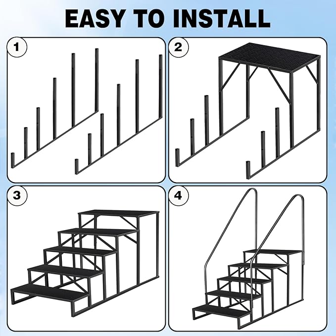 RV Steps with 2 Handrails, 5 Step RV Stairs 660lbs Load Capacity, Heavy Duty Camper Steps with Wide & Anti-Slip Platform, Portable Outdoor Metal Entry Stairs for Hot Tub, Mobile Home, Travel Trailers