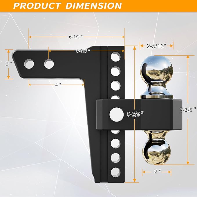 LOCAME Adjustable Trailer Hitch, Fits 2-Inch Receiver, 8-Inch Drop/Rise Aluminum Drop Hitch,12,500 LBS GTW-Tow Hitch for Heavy Duty Truck with Double Stainless Steel Locks, Black, LC0018