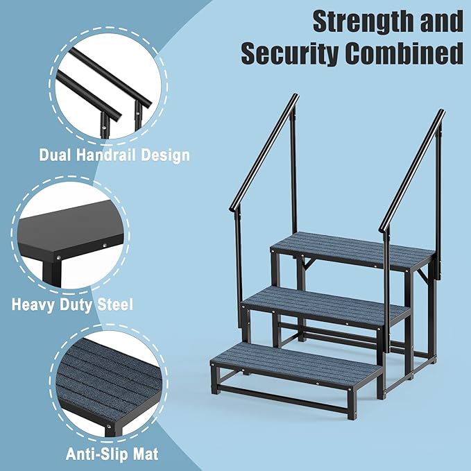 RV Steps with 2 Handrail, 3-Step Heavy Duty Hot Tub Steps, Non-Slip Outdoor Spa Steps for RV, Camper, Trailer, Mobile Home, Porch, Portable Ladder Stairs with Anti-Slip Mats (3 Steps with 2 Handrail)