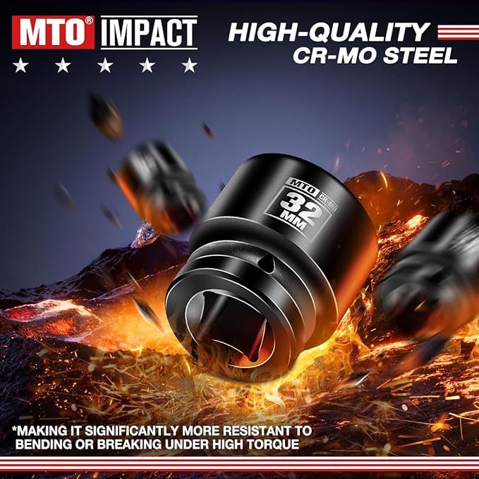 MTO 1/2" Drive 32mm Shallow Impact Socket, 6-Point Metric Socket, CR-MO Steel & Anti-Corrosion Coating for Tight Spaces and Heavy-Duty Tasks