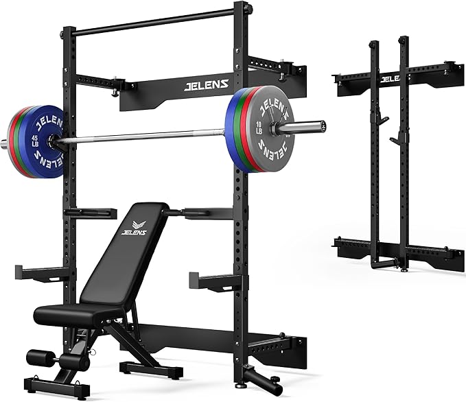 Folding Squat Rack, Wall Mounted Power Rack for Home Gym, Space Saving Multi-Functional Power Cage with Attachments