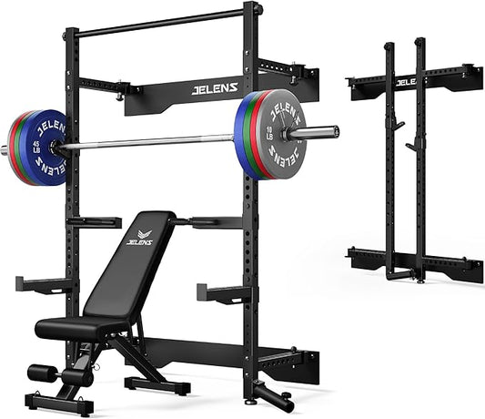 Folding Squat Rack, Wall Mounted Power Rack for Home Gym, Space Saving Multi-Functional Power Cage with Attachments