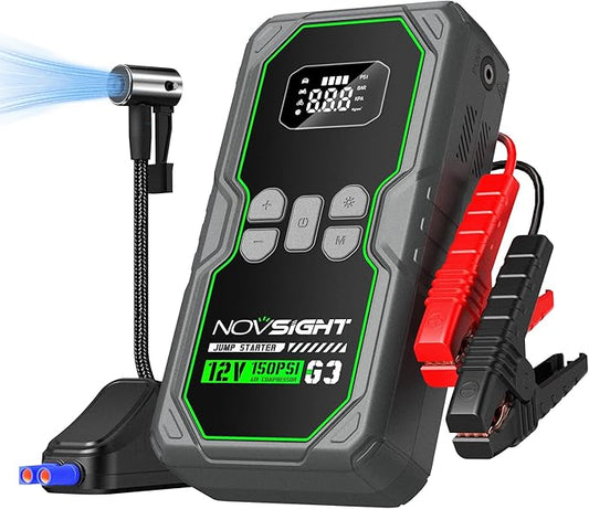 NOVSIGHT Jump Starter with Air Compressor - 6250A Portable Battery Jump Starter for Car(5L Gas/3L Diesel) 12V Car Jump Box & 150PSI Auto-Shut Tire Inflator with Carrying Case(Green)