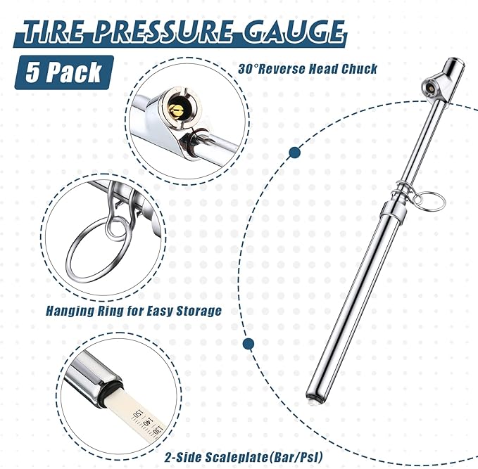 5 Pack Dual Head Tire Pressure Gauge Pencil Tire Gauges Heavy Duty Air Gauge Tire Pressure Dual Head Chucks Auto Service Gage Range to 10-150psi/ 1-10bar for Car Truck Bike Motorcycle, Silver