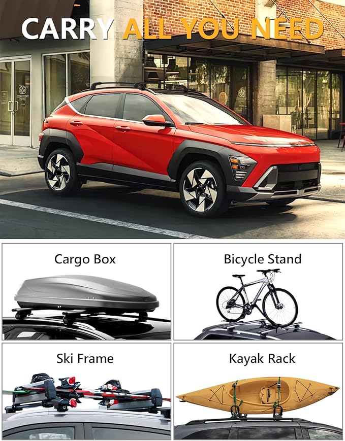 Tuyoung 220lbs Roof Rack Cross Bars Compatible with 2024 2025 2026 Hyundai Kona & Hyundai Kona Electric, Lockable Heavy Duty Aluminum Roof Rails Crossbars Black Rooftop Cargo Carrier Luggage