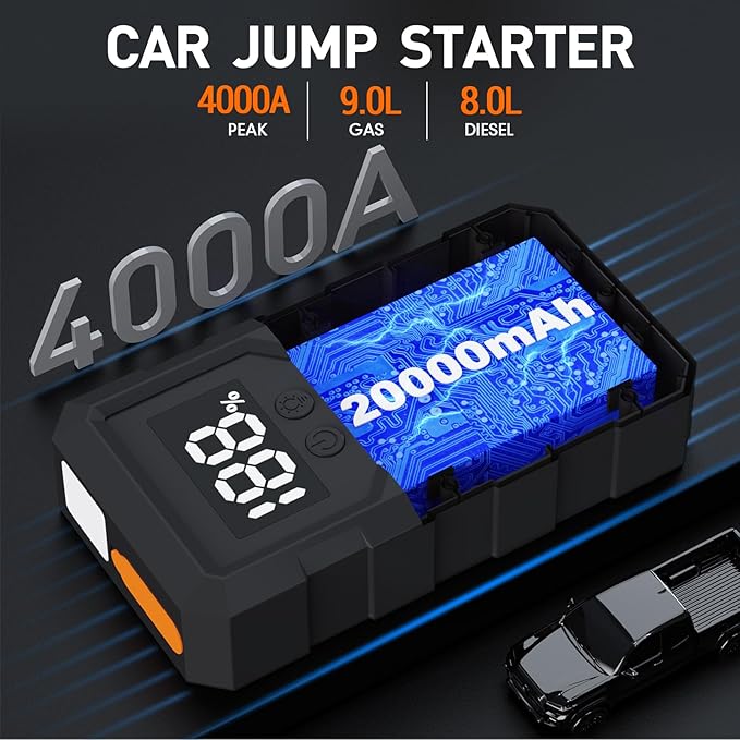 Jump Starter 4000A Peak, Portable Car Battery Jump Starter for 9L Gas 8L Diesel Engines, Power Pack with LED Flashlight, USB Quick Charge, Auto Battery Charger for Cars, Trucks, SUV, Gifts for Men