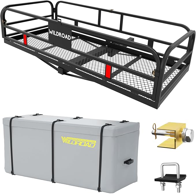 Wildroad Hitch Mount Cargo Carrier Basket 500 LBS Folding Vehicle Cargo Baskets 60" x 24" x 14" Fits 2" Receiver with Waterproof Cargo Carrier Bag and Hitch Tightener Fastener