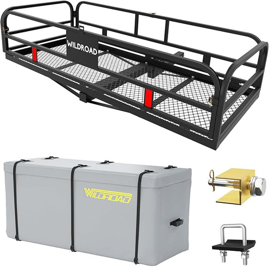 Wildroad Hitch Mount Cargo Carrier Basket 500 LBS Folding Vehicle Cargo Baskets 60" x 24" x 14" Fits 2" Receiver with Waterproof Cargo Carrier Bag and Hitch Tightener Fastener