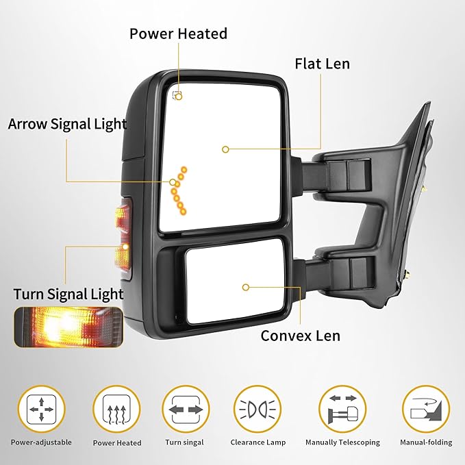 DWVO Tow Side Mirrors Compatible with 99-07 Ford F250 F350 F450 F550 Super Duty Mirror with Smoke Heated Turn Signal Light Led Turn Light Power Pairs