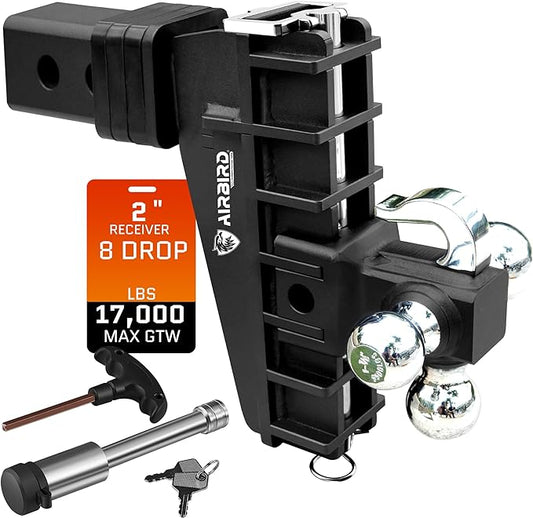 Airbird Adjustable Trailer Hitch Fits 2-Inch Receiver, Heavy Duty Tow Hitches (17000 LBS GTW) 8 Inch Drop Truck Hitch Tri-Ball Mount with Hook (1-7/8" x 2" x 2-5/16")…