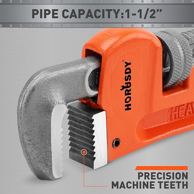 HORUSDY 8-Inch Heavy Duty Straight Pipe Wrench, Quick-Adjust Sturdy Plumbers Wrench with Soft Grip Handle, Straight Jaw Plumbing Tool for Pipe, Household Use, Vehicle Repair