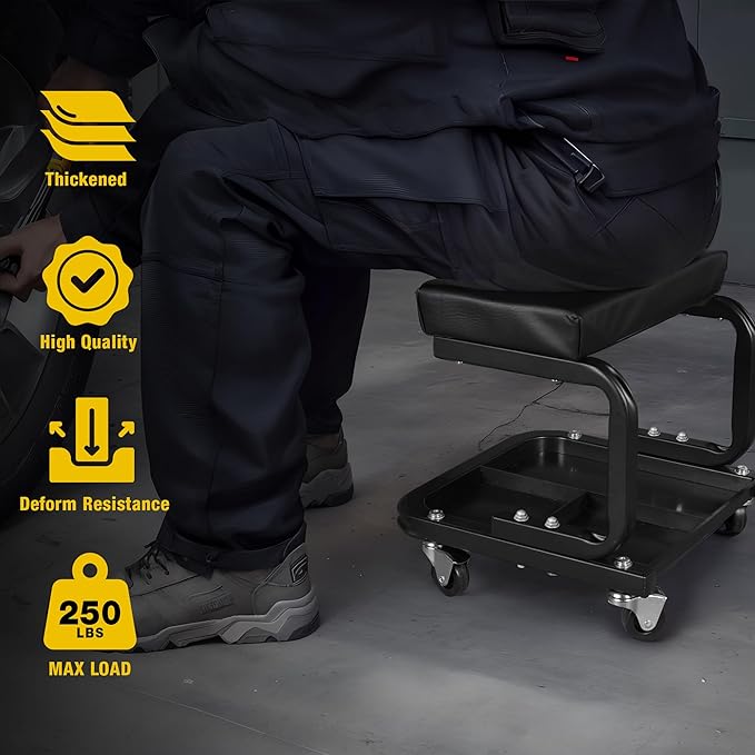YELLOW JACKET Mechanic Rolling Stool 250 Lbs Capacity, Garage Stool on Wheels with Tool Tray Storage, Work Stools with Wheels for Garage, Shop, Mechanic Chair with Wheels, Auto Repair
