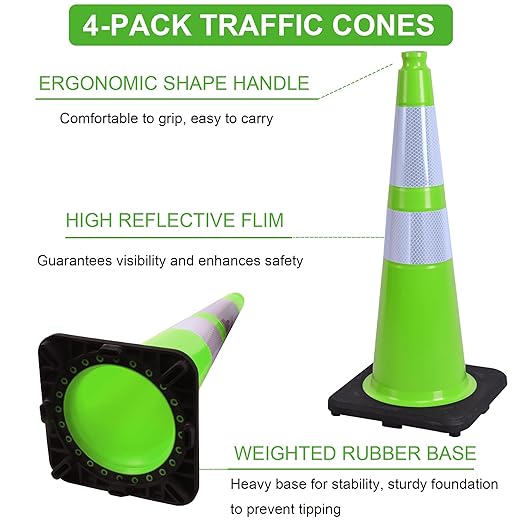 OrangeStar 28" Traffic Cones 4-Pack, Green Safety Cones with Reflective Collars, Weighted Rubber Base for Highway, Roadwork, Parking Lot Safety, Warehouse, Indoor & Outdoor Use