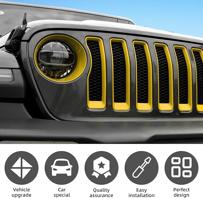 Grille Grill Insert+Headlight Turn Light Cover Compatible with 2018-2023 Jeep Wrangler JL JLU Sport/Sport S Only,Not for Sahara,Rubicon 4xe(Yellow)
