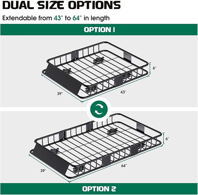 FORWODE 250LBS Universal Roof Rack Basket, 64"x39"x6" Rooftop Cargo Carrier Rack + Waterproof Cargo Bag 15 Cubic Feet(43"x34"x17")