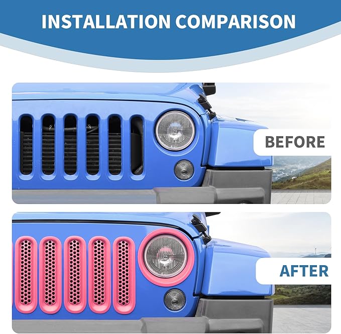 for Jeep JK Front Grille Inserts & Headlight Cover Trim Ring for Jeep Wrangler JK JKU 2007-2017 Pink Exterior Accessories 9pcs
