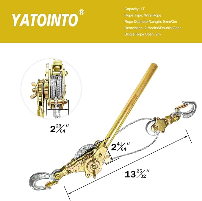 Come Along Winch 1-Ton Heavy Duty with 6.56ft Steel Cable & 2 Hooks - Dual Gear Power Puller Tool for Automotive Hoisting and Construction Lifting