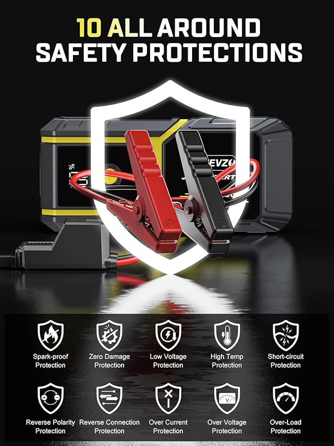 S ZEVZO H021 Car Jump Starter, Peak 5000A Jump Starter Battery Pack for Up to 10.0L Gas and 8.0L Diesel Engines, 12V Portable Jump Box with LCD Display, 3 Modes Flashlight and Protective Carrying Case