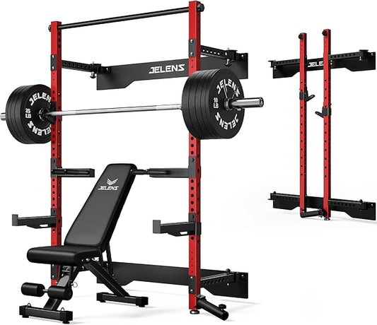 Folding Squat Rack, Wall Mounted Power Rack for Home Gym, Space Saving Multi-Functional Power Cage with Attachments