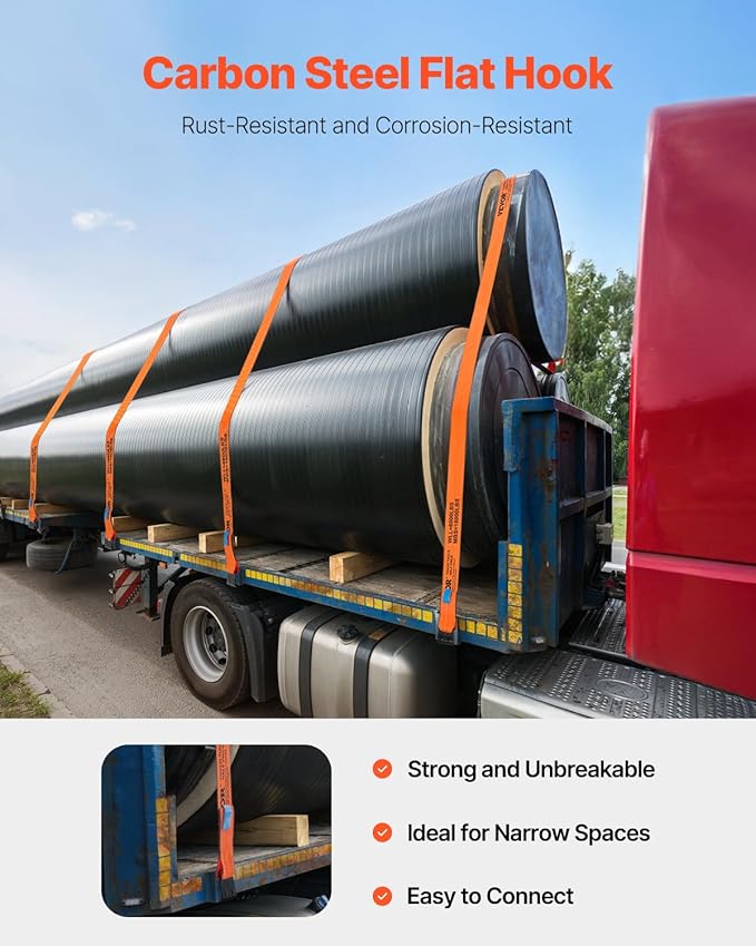 VEVOR Truck Straps, 4" x30' Heavy Duty Tie Down w/Flat Hooks 18,000lbs Break Strength, WLL# 6000lbs, Cargo Straps tie Down for Flatbeds, Trucks, Trailers, Farms, Rescues, Tree Saver, Orange(10 Pack)