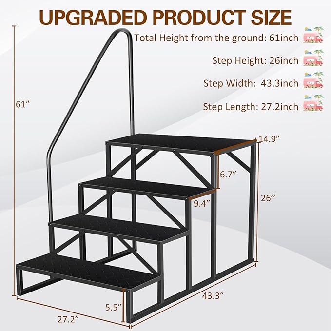 4 Step Ladder, Anti-Slip Hot Tub Steps with Handrail, Upgrade RV Step Stool, 660lbs Anti-Slip Mobile Home Stairs Porch Steps for Indoor Outdoor