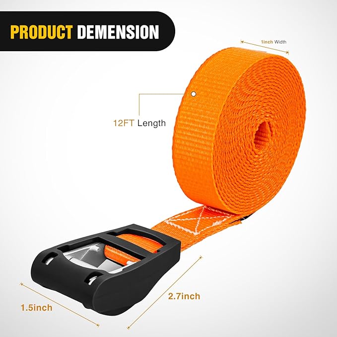 Nilight 1in x 12ft Heavy Duty Lashing Straps 4PCS Adjustable Cam Buckle Tie-Down Straps 1320LBS for Motorcycle Boat RV Cargo Trucks Trailer Luggage Orange&Black