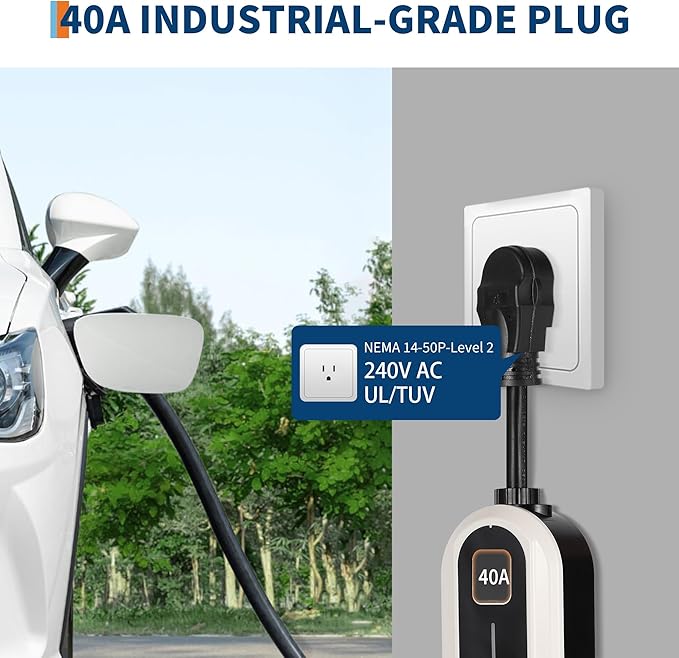 Level 2 EV Charger, 40A 240V Voltage, NEMA 14-50 Plug, 25 ft Cable, Adjustable Current/Delay Timer, SAE J1772 Listed Portable Electric Car Charger for Indoor/Outdoor Use, WiFi Enabled