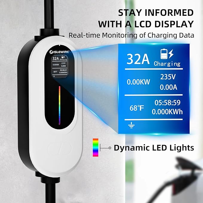 Level 2 EV Charger 32A 240V, 7.6kW Portable Electric Vehicle Charger with Adjustable Current & Delay Timer, 25FT Charging Cable, NEMA 14-50 Plug, SAE J1772 Connector for Home & Travel Use, ETL Listed