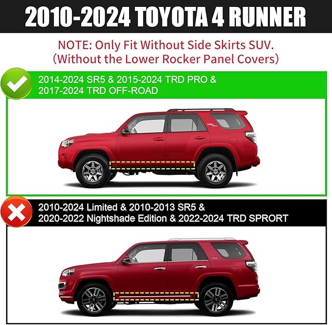 Running Boards Compatible with 2010-2024 Toyota 4Runner(Without Side Skirts), (Excl. 10-13 Sr5 & 10-24 Limited & 20-22 Nightshade Edition & 22-24 TRD Sport), Carbon Steel, 4 Inch.