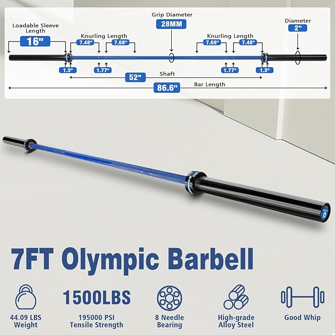 7ft Olympic Barbell – 1500LB Capacity 45LB Weightlifting Bar, 28mm Olympic Bar with Bearings, Fits 2" Plates, Alloy Steel Power Bar for Home Gym Strength Training