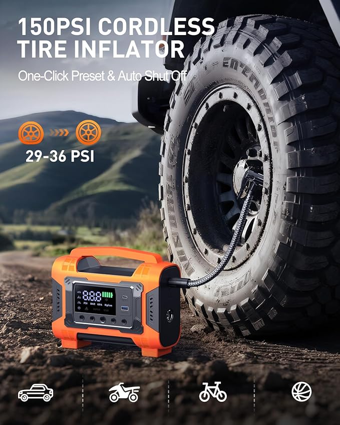 Jump Starter with Air Compressor, Car Battery Jump Starter 150PSI Tire Inflator, Battery Jumper Starter Portable Jump Box, 12V Portable Car Jump Starter for 9L Gas & 7L Diesel Engines