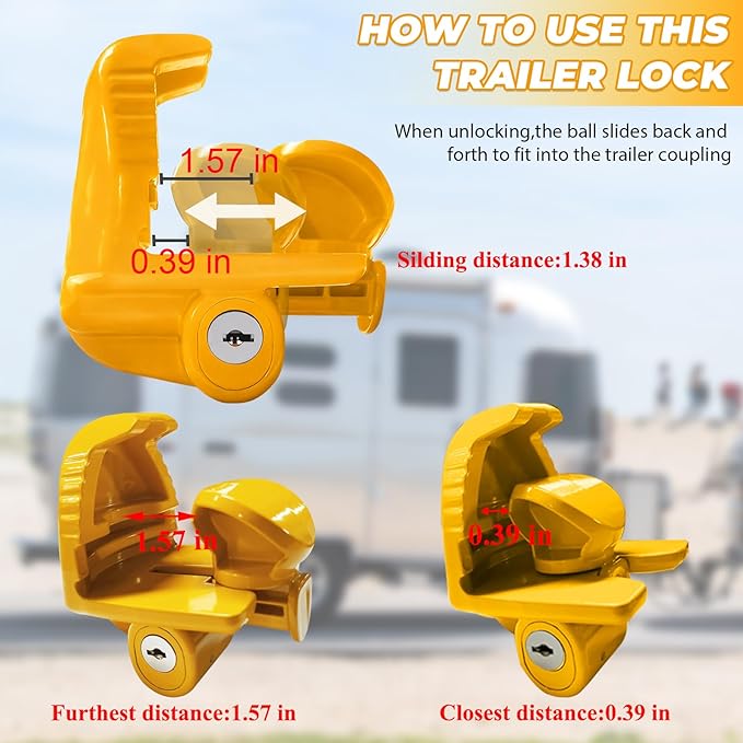 Trailer Hitch Locks with Keys, Universal Size Fit 1-7/8", 2",2-5/16" or 48mm, 51mm,and 59mm Couplers, Zinc Alloy, for Vehicles, Trailers,RVs(Yellow)