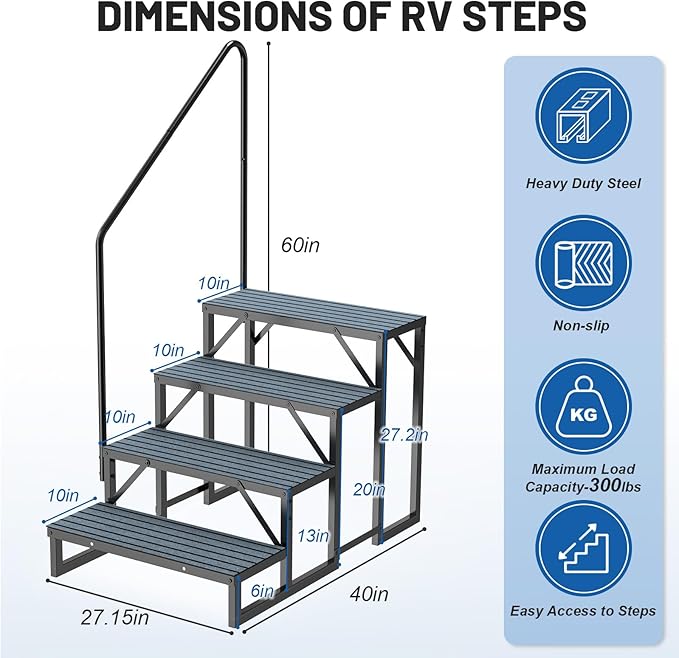 RV Steps Spa Steps with Handrail - 4 Step Hot Tub Steps Trailer Steps Mobile Home Stairs for 5th Wheel RV, Trailer, Hot Tub, Pool, Porch with Non-Slip Mats