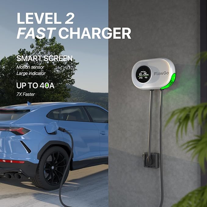 Level 2 EV Charger 40A Smart Electric Car Home Charger Motion-Activated Display 240V with NEMA 14-50 Plug J1772 Connector 25FT Cable APP and WiFi Vehicle Charging Stations ETL Listed