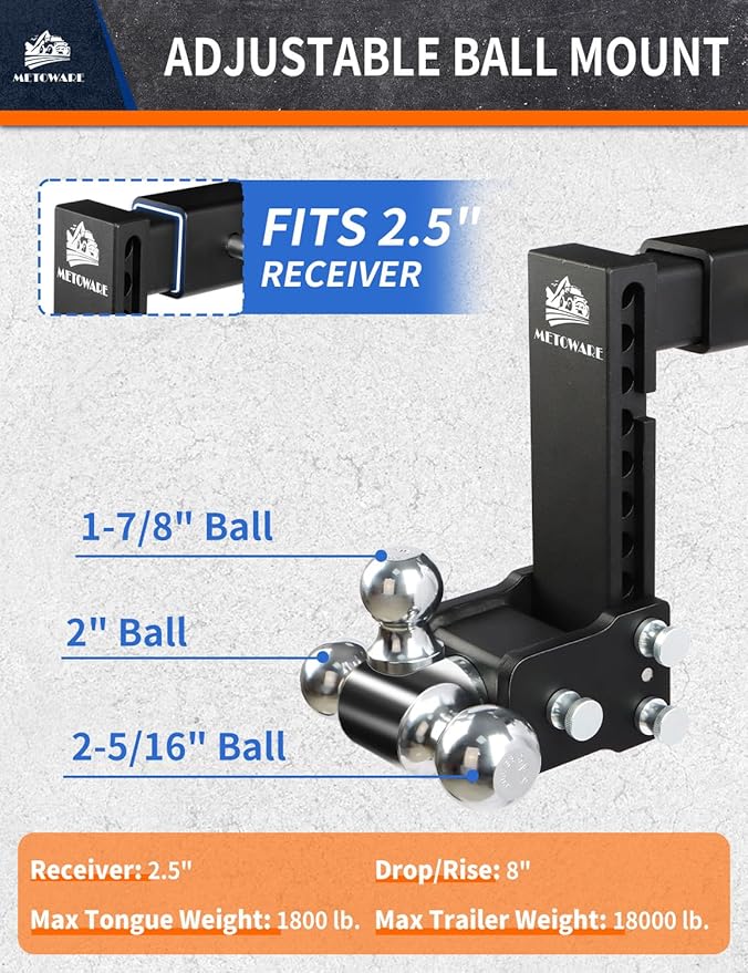 METOWARE Adjustable Trailer Hitch Ball Mount-Fits 2.5" Receiver-Heavy Duty Drop Hitch, Tri-Ball (1-7/8" x 2" x 2-5/16") 8" Drop/Rise, 18,000 GTW and Anti-Theft Stainless Steel Lock