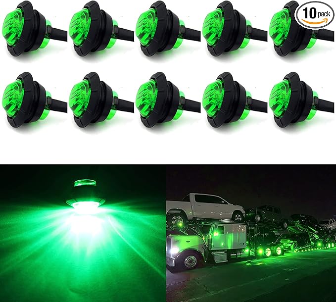 KEING 10 Pack Sealed Waterproof Mini Round 3/4 Inch Green LED Marker lights Signal Light 12V for Trailer Truck Bus Pickup Van ATV RV Lorry Caravan, 5 Years Warranty